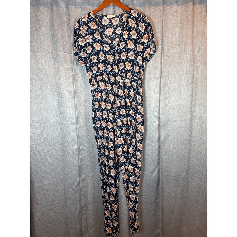 Promesa Women's Navy Floral Print V Neck Short Sleeve‎ Jumpsuit Size Large